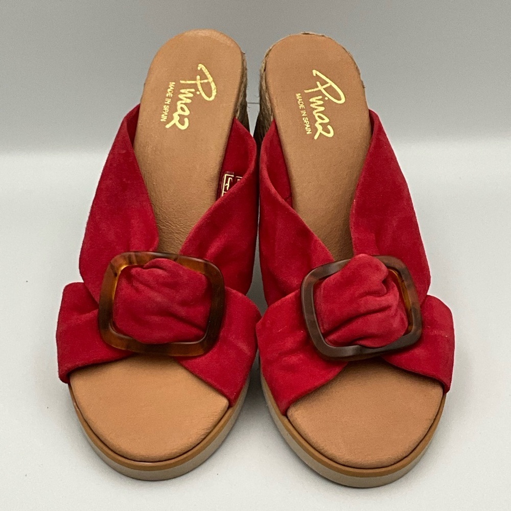 Pinaz Sandals size 7.5 (38) Red Suede Mules with Buckle Made in Spain